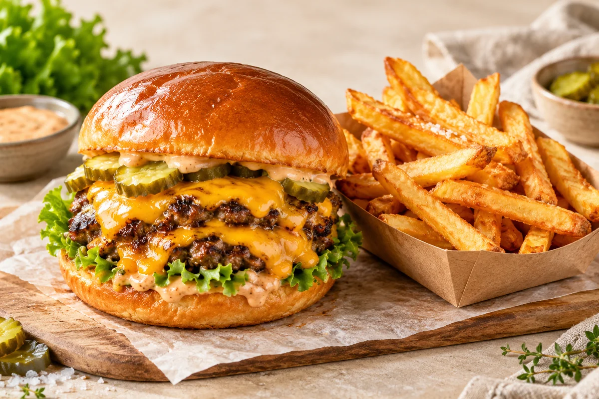 Patates kızartmalı çift katlı cheeseburger