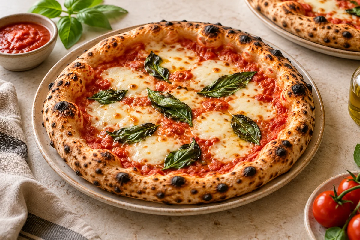 Mozzarella ve fesleğenli taze pişmiş pizza